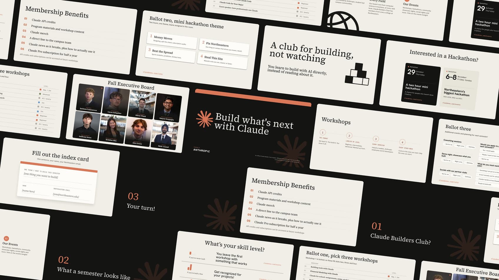 Slides from the September 17 info session laid out in a grid, with the title slide, Build what's next with Claude, at the center.
