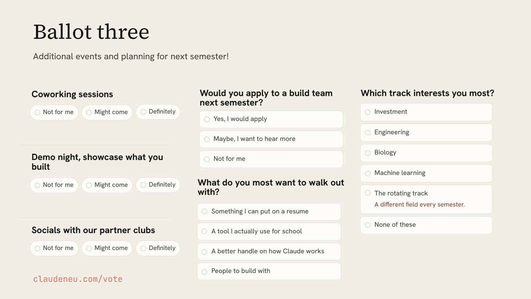 Ballot three: coworking sessions, demo night, socials with partner clubs, and planning for next semester.